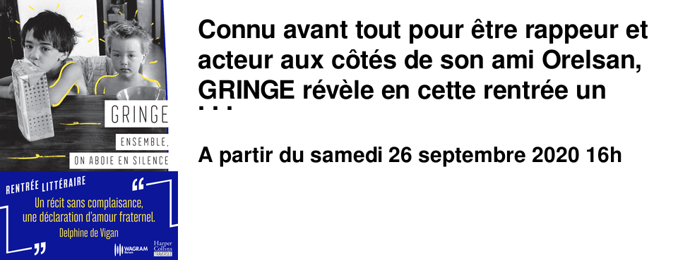 Connu avant tout pour �tre rappeur et acteur aux c�t�s de son ami Orelsan, GRINGE r�v�le en cette rentr�e un v�ritable talent litt�raire avec "Ensemble on aboie le silence", un livre fort et percutant publi� aux �ditions Harpercollins. Nous le recevrons le samedi 26 septembre � la m�diath�que Quai des Mondes � Mondeville: De 16h � 17h rencontre anim�e par Sophie Peugnez, sur r�servation au 02 31 35 66 20 (M�diath�que de Mondeville) dans la limite des places disponibles et dans le respect du protocole sanitaire. A partir de 17h la grande d�dicace ouverte � tous. Pensez aux masque! 
