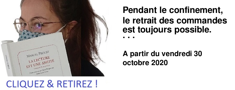 Pendant le confinement, le retrait des commandes est toujours possible. Sur notre site internet, vous pouvez r�server un livre si nous l'avons en stock (bouton vert) ou le commander (bouton bleu) car tous les �diteurs et distributeurs restent ouverts. D�s que la r�servation est effective, vous serez pr�venus par mail et pourrez venir retirer votre livre � l'entr�e du magasin, du lundi au samedi entre 10h et 18h. En cochant la deuxi�me case de l'attestation de d�placement d�rogatoire, vous �tes parfaitement autoris�s � vous d�placer � cette fin. Le r�glement ne se fait pas en ligne mais en magasin, lors du retrait de la commande. Prenez soin de vous et � bient�t.